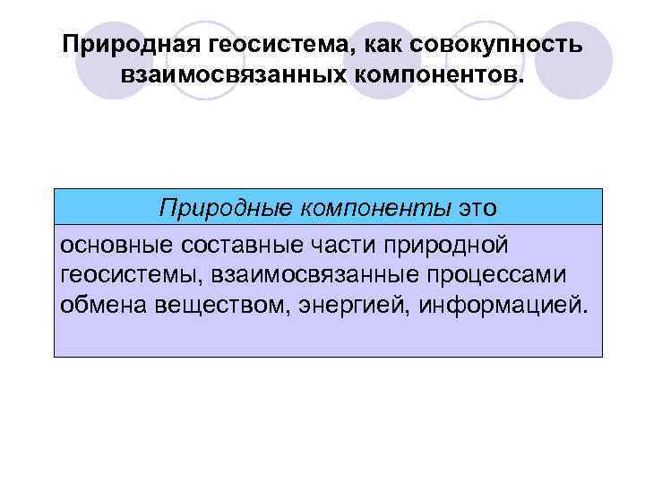 Природная геосистема, как совокупность взаимосвязанных компонентов. Природные компоненты это основные составные части природной геосистемы,