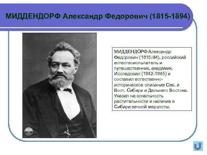 МИДДЕНДОРФ Александр Федорович (1815 -1894) МИДДЕНДОРФ Александр Федорович (1815 -94), российский естествоиспытатель и путешественник,