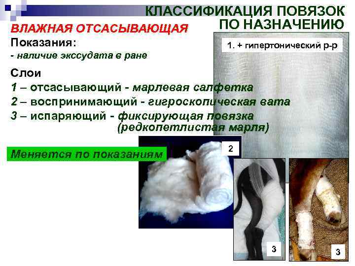 КЛАССИФИКАЦИЯ ПОВЯЗОК ПО НАЗНАЧЕНИЮ ВЛАЖНАЯ ОТСАСЫВАЮЩАЯ Показания: - наличие экссудата в ране 1. +