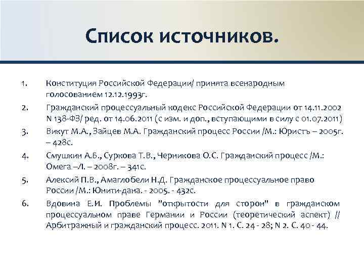 Список источников. 1. 2. 3. 4. 5. 6. Конституция Российской Федерации/ принята всенародным голосованием