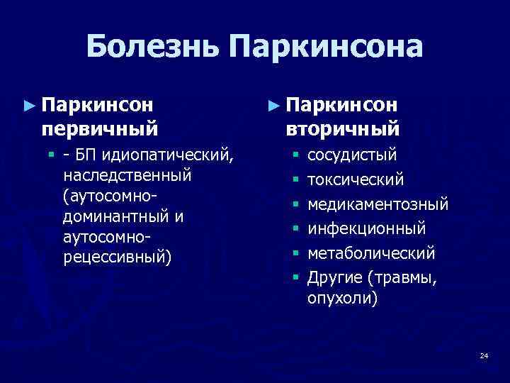 Болезнь Паркинсона ► Паркинсон первичный § - БП идиопатический, наследственный (аутосомнодоминантный и аутосомнорецессивный) ►