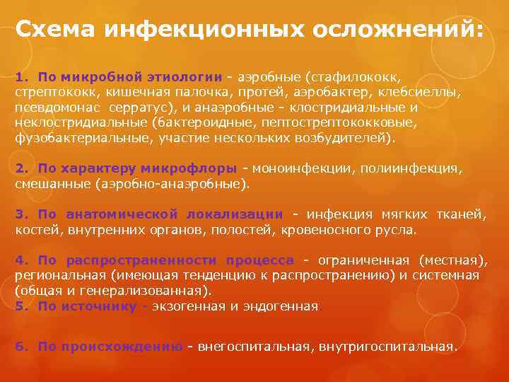 Схема инфекционных осложнений: 1. По микробной этиологии - аэробные (стафилококк, стрептококк, кишечная палочка, протей,