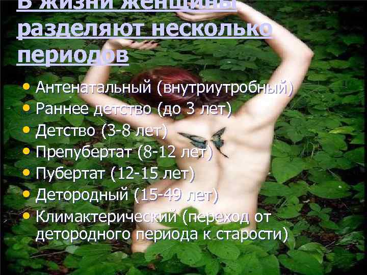 В жизни женщины разделяют несколько периодов • Антенатальный (внутриутробный) • Раннее детство (до 3