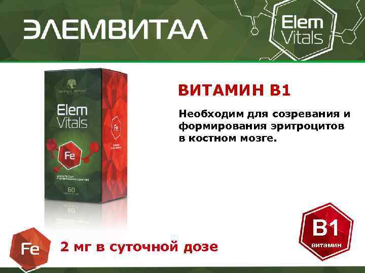 ВИТАМИН B 1 Необходим для созревания и формирования эритроцитов в костном мозге. 2 мг