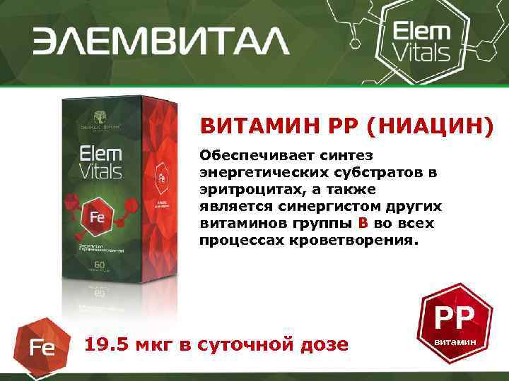 ВИТАМИН РР (НИАЦИН) Обеспечивает синтез энергетических субстратов в эритроцитах, а также является синергистом других
