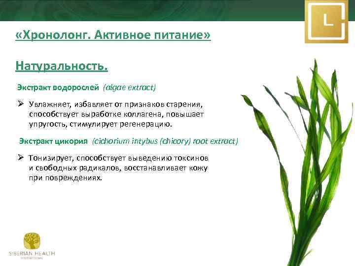  «Хронолонг. Активное питание» Натуральность. Экстракт водорослей (algae extract) Ø Увлажняет, избавляет от признаков