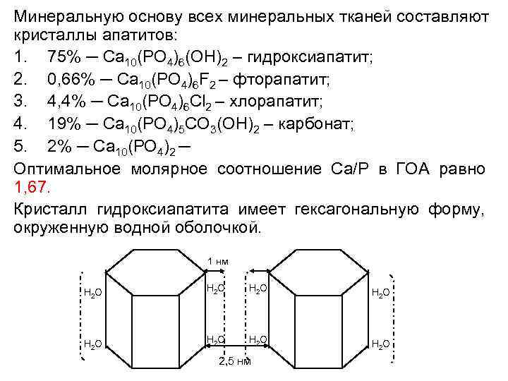 Минеральную основу всех минеральных тканей составляют кристаллы апатитов: 1. 75% ─ Ca 10(PO 4)6(OH)2