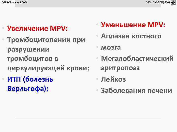 © П. Ф. Литвицкий, 2004 © ГЭОТАР-МЕД, 2004 Уменьшение MPV: • Увеличение MPV: Аплазия