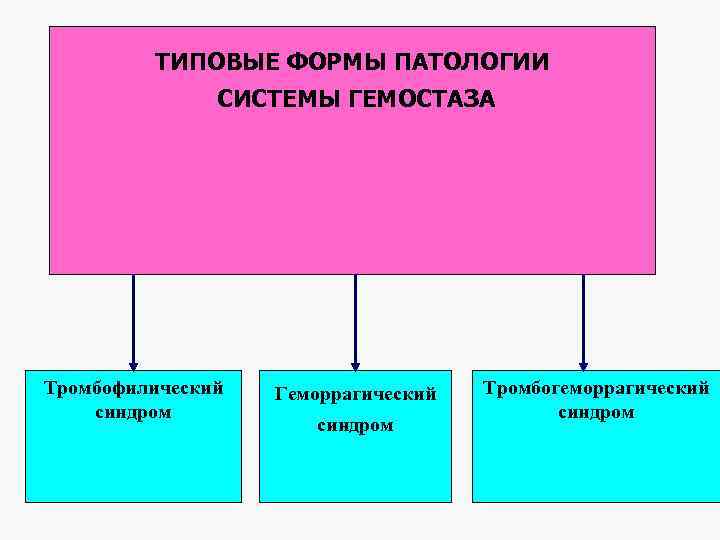 ТИПОВЫЕ ФОРМЫ ПАТОЛОГИИ СИСТЕМЫ ГЕМОСТАЗА Тромбофилический синдром Геморрагический синдром Тромбогеморрагический синдром 