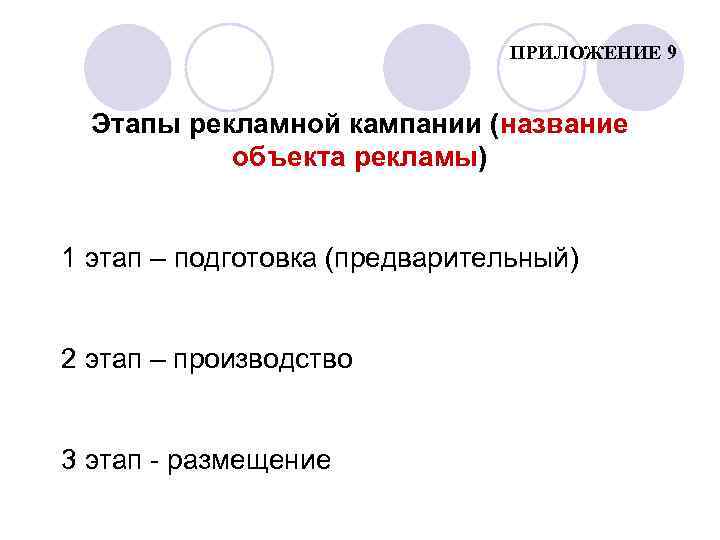 ПРИЛОЖЕНИЕ 9 Этапы рекламной кампании (название объекта рекламы) 1 этап – подготовка (предварительный) 2