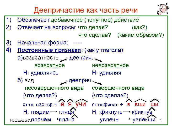 Деепричастие как часть речи 1) 2) 3) 4) Обозначает добавочное (попутное) действие Отвечает на