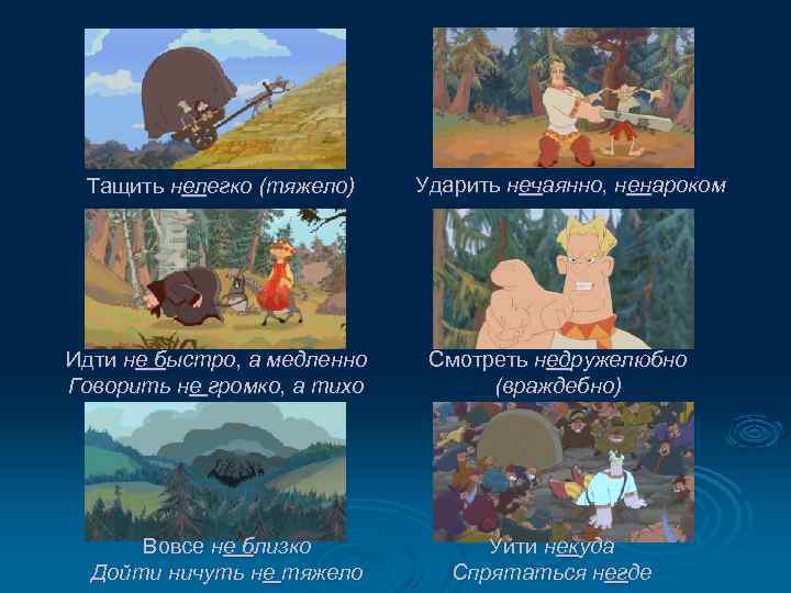 Тащить нелегко (тяжело) Идти не быстро, а медленно Говорить не громко, а тихо Вовсе