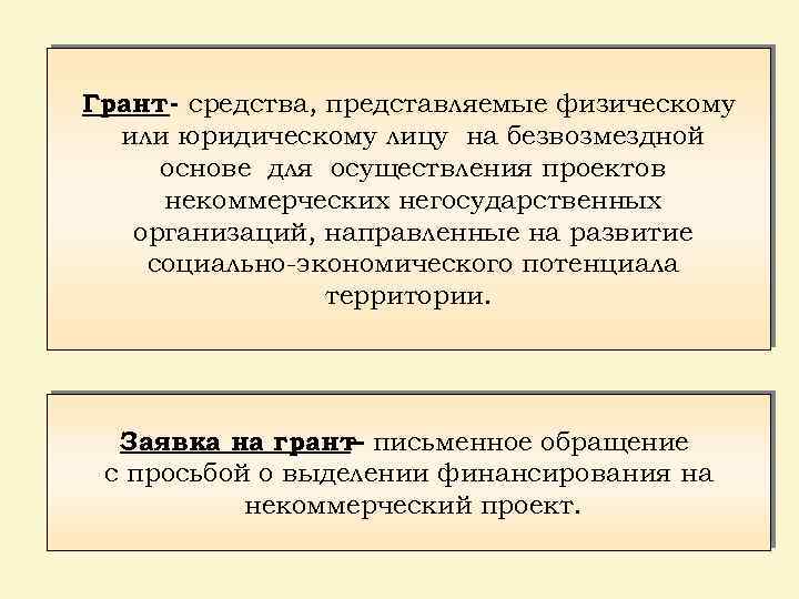 Грант - средства, представляемые физическому или юридическому лицу на безвозмездной основе для осуществления проектов