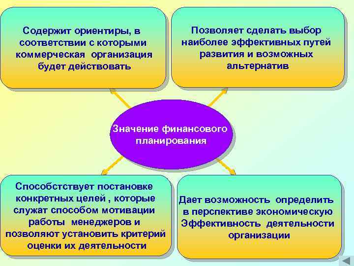 Содержит ориентиры, в соответствии с которыми коммерческая организация будет действовать Позволяет сделать выбор наиболее
