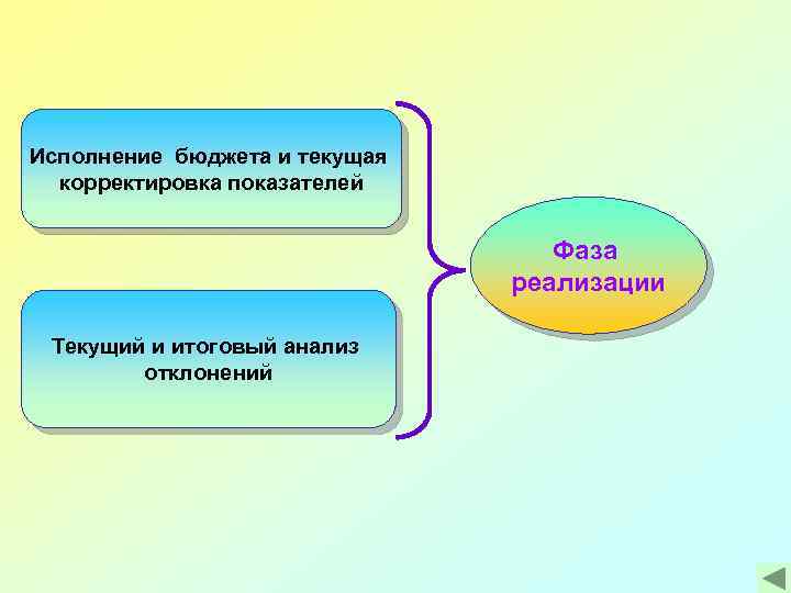 Исполнение бюджета и текущая корректировка показателей Фаза реализации Текущий и итоговый анализ отклонений 