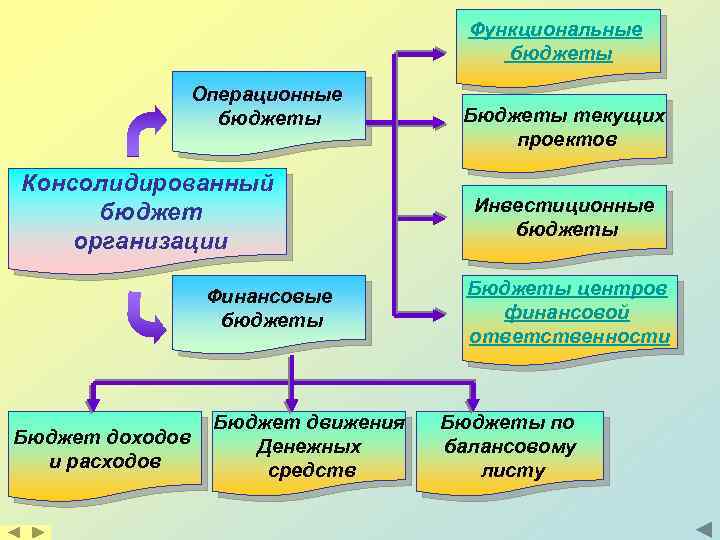 Функциональные бюджеты Операционные бюджеты Консолидированный бюджет организации Финансовые бюджеты Бюджет доходов и расходов Бюджет