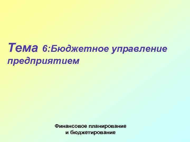 Тема 6: Бюджетное управление предприятием Финансовое планирование и бюджетирование 