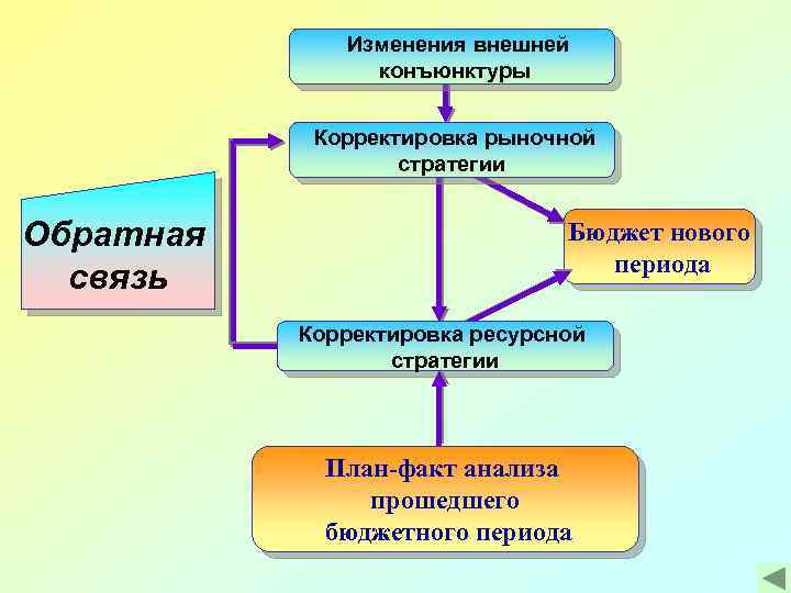 Изменения внешней конъюнктуры Корректировка рыночной стратегии Обратная связь Бюджет нового периода Корректировка ресурсной стратегии