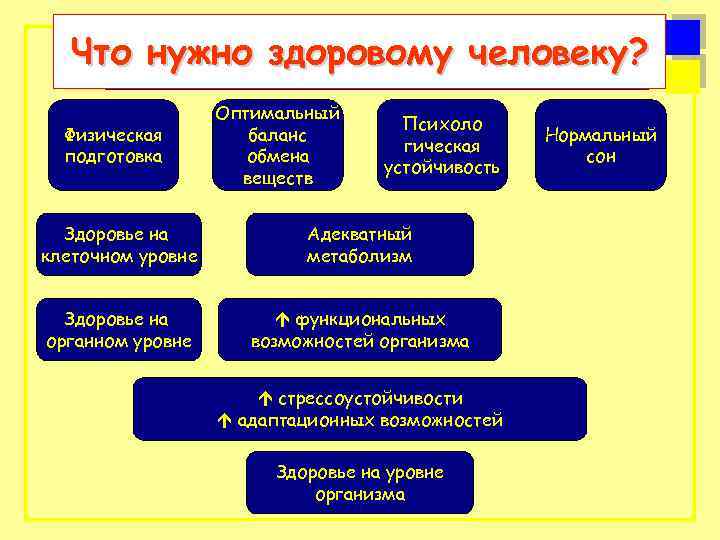 Что нужно здоровому человеку? Физическая подготовка Оптимальный баланс обмена веществ Психоло гическая устойчивость Здоровье