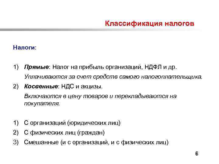  Классификация налогов Налоги: 1) Прямые: Налог на прибыль организаций, НДФЛ и др. Уплачиваются