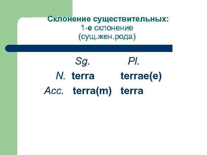 Склонение существительных: 1 -e склонение (сущ. жен. рода) Sg. Pl. N. terrae(e) Acc. terra(m)