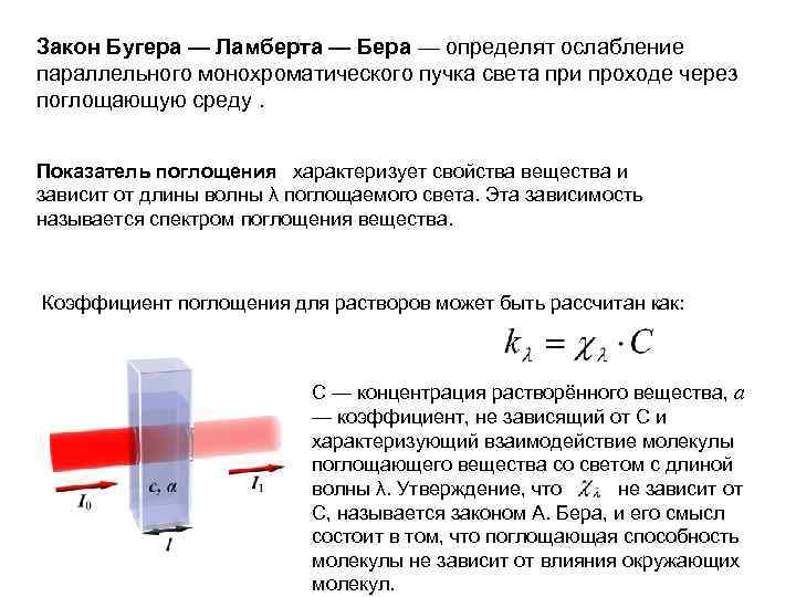 Закон Бугера — Ламберта — Бера — определят ослабление параллельного монохроматического пучка света при