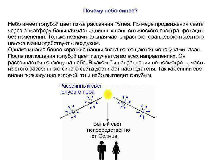 Почему небо синее? Небо имеет голубой цвет из за рассеяния Рэлея. По мере продвижения