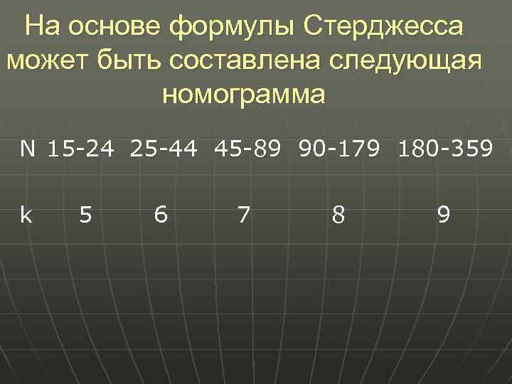 На основе формулы Стерджесса может быть составлена следующая номограмма N 15 -24 25 -44