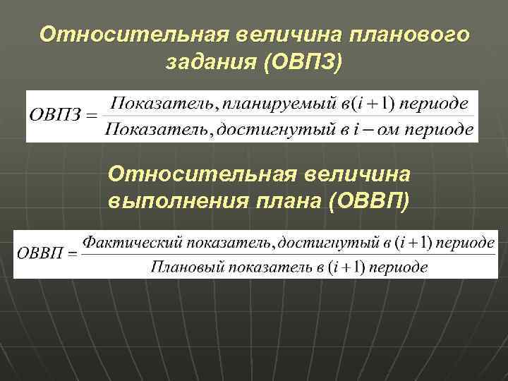 Относительная величина планового задания (ОВПЗ) Относительная величина выполнения плана (ОВВП) 