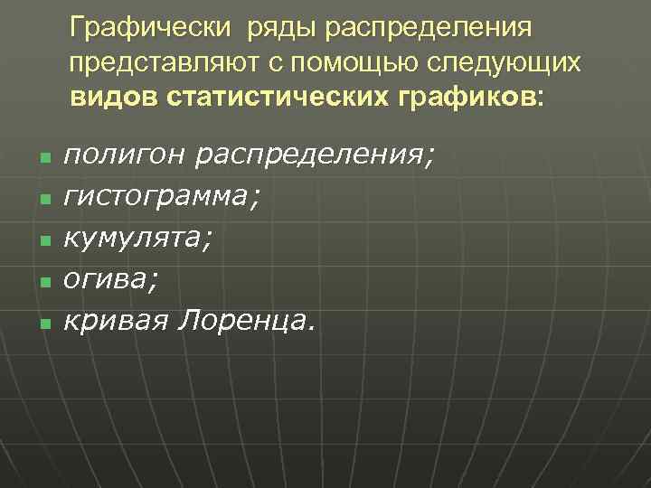 Графически ряды распределения представляют с помощью следующих видов статистических графиков: n n n полигон