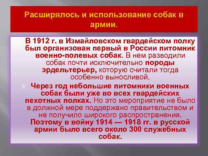 Расширялось и использование собак в армии. В 1912 г. в Измайловском гвардейском полку был