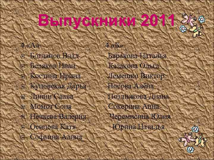 Выпускники 2011 4 «А» Богданов Влад Беляков Иван Костина Ирина Куцовская Дарья Липин Слава