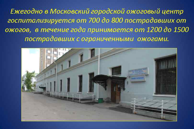 Ежегодно в Московский городской ожоговый центр госпитализируется от 700 до 800 пострадавших от ожогов,