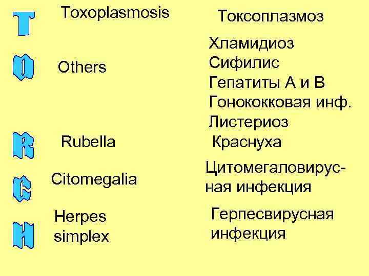 Toxoplasmosis Others Rubella Citomegalia Herpes simplex Токсоплазмоз Хламидиоз Сифилис Гепатиты А и В Гонококковая