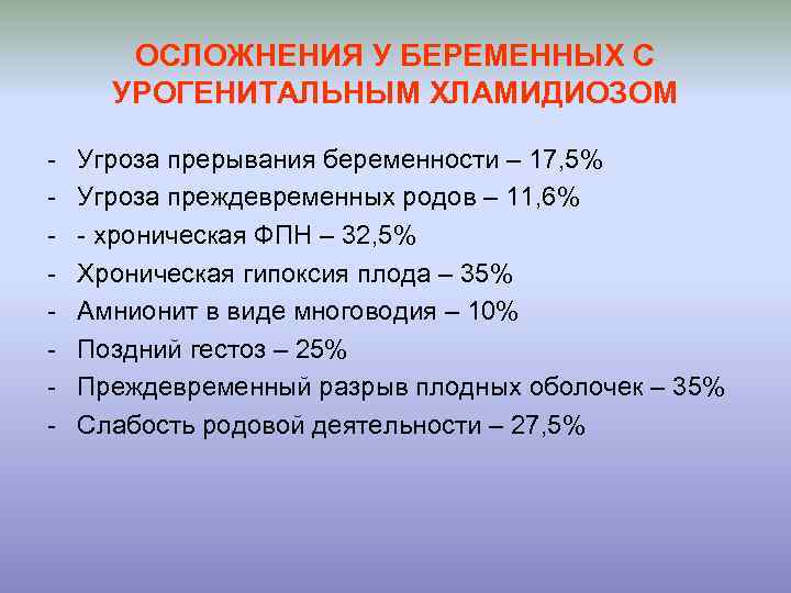 ОСЛОЖНЕНИЯ У БЕРЕМЕННЫХ С УРОГЕНИТАЛЬНЫМ ХЛАМИДИОЗОМ - Угроза прерывания беременности – 17, 5% Угроза