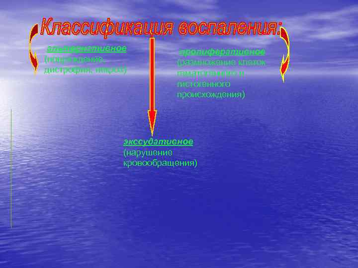 альтернативное (повреждение, дистрофия, некроз) пролиферативное (размножение клеток гематогенного и гистогенного происхождения) экссудативное (нарушение кровообращения)