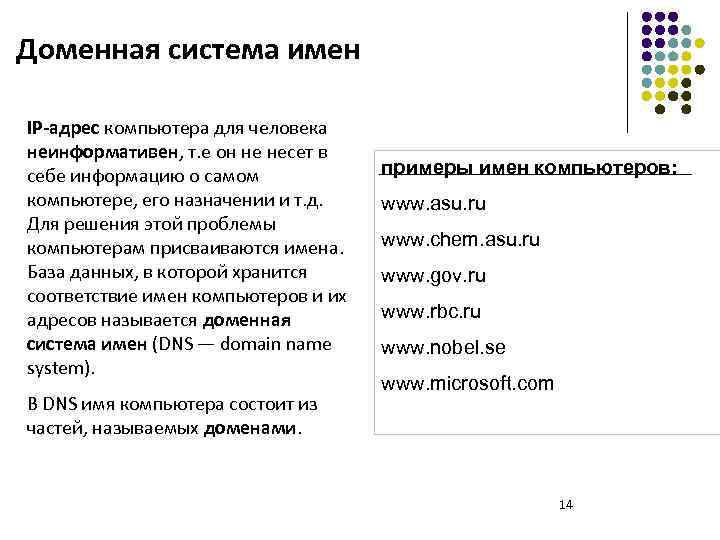Доменная система имен IP-адрес компьютера для человека неинформативен, т. е он не несет в
