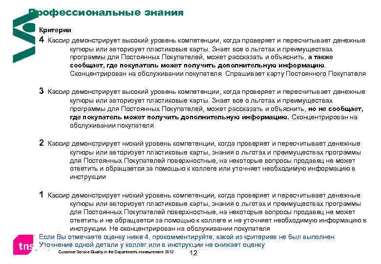 Профессиональные знания Критерии 4 Кассир демонстрирует высокий уровень компетенции, когда проверяет и пересчитывает денежные