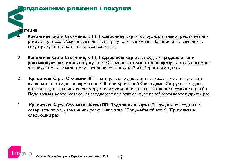 Предложение решения / покупки Критерии 4 Кредитная Карта Стокманн, КПП, Подарочная Карта: сотрудник активно