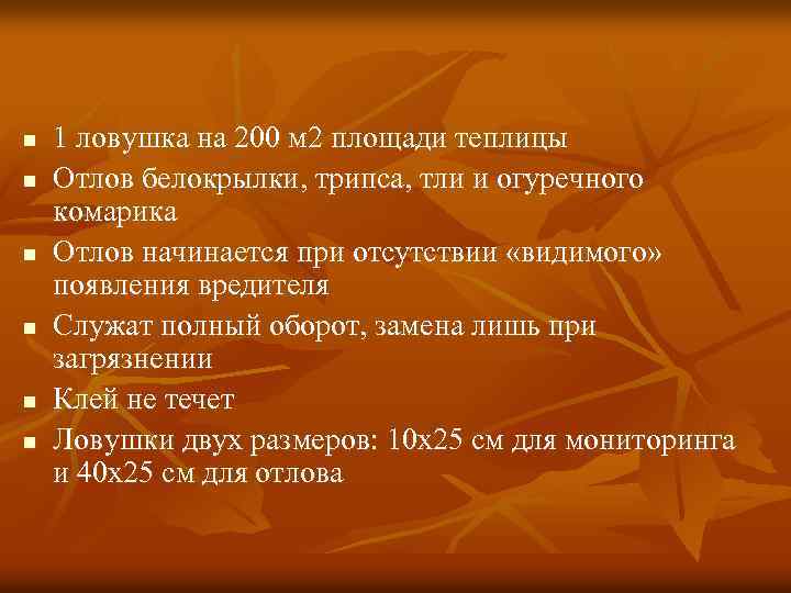 n n n 1 ловушка на 200 м 2 площади теплицы Отлов белокрылки, трипса,