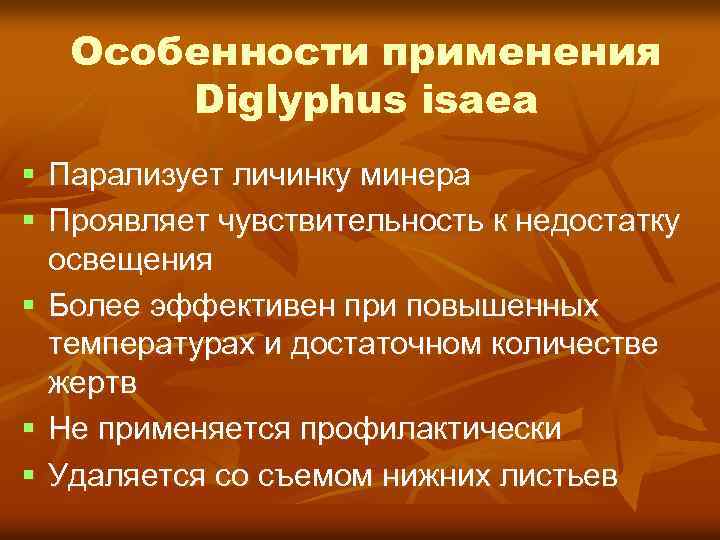 Особенности применения Diglyphus isaea Парализует личинку минера Проявляет чувствительность к недостатку освещения Более эффективен