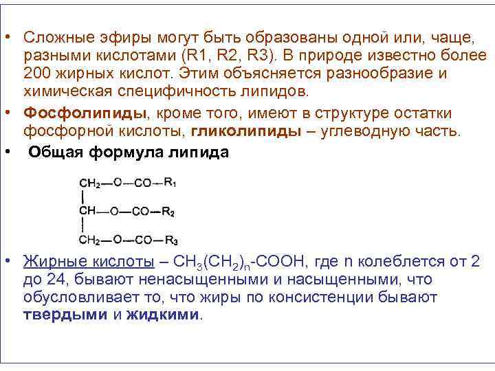  • Сложные эфиры могут быть образованы одной или, чаще, разными кислотами (R 1,