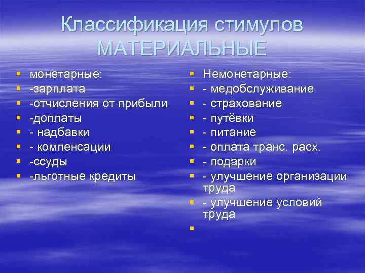 Классификация стимулов МАТЕРИАЛЬНЫЕ § § § § монетарные: -зарплата -отчисления от прибыли -доплаты -