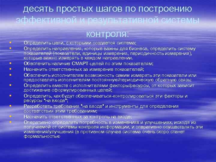 десять простых шагов по построению эффективной и результативной системы контроля: § § § §