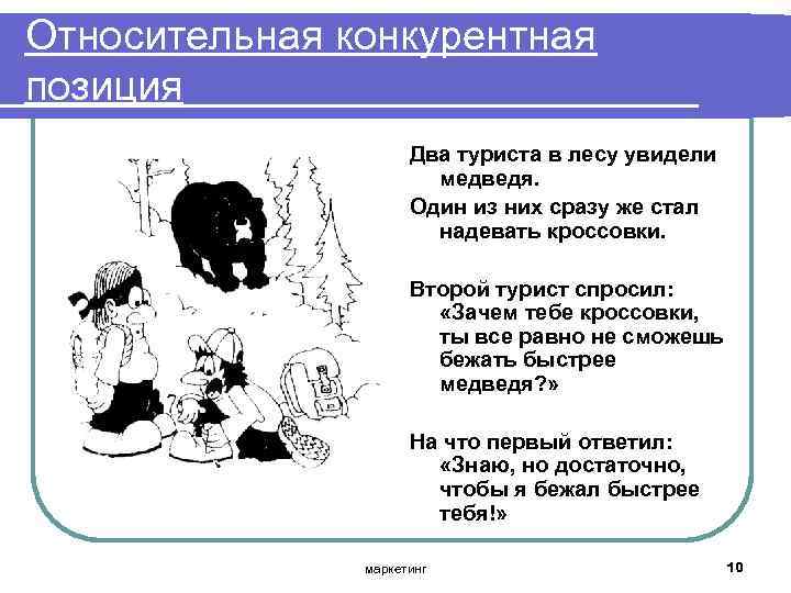 Относительная конкурентная позиция Два туриста в лесу увидели медведя. Один из них сразу же