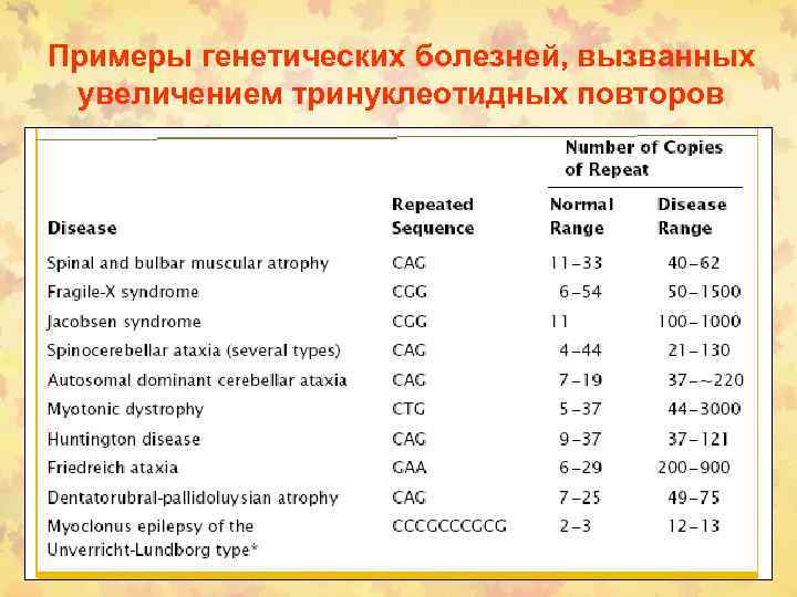 Примеры генетических болезней, вызванных увеличением тринуклеотидных повторов 