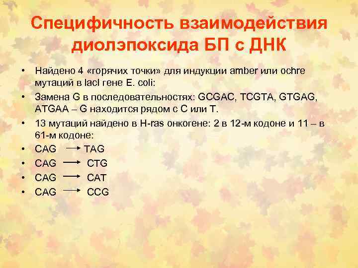 Специфичность взаимодействия диолэпоксида БП с ДНК • Найдено 4 «горячих точки» для индукции amber