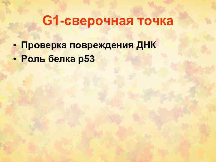 G 1 -сверочная точка • Проверка повреждения ДНК • Роль белка р53 