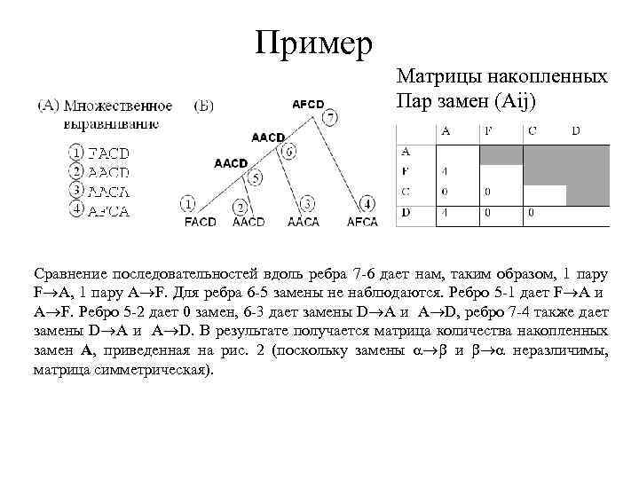 Пример Матрицы накопленных Пар замен (Aij) Сравнение последовательностей вдоль ребра 7 -6 дает нам,