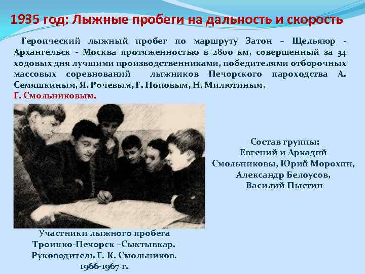 1935 год: Лыжные пробеги на дальность и скорость Героический лыжный пробег по маршруту Затон